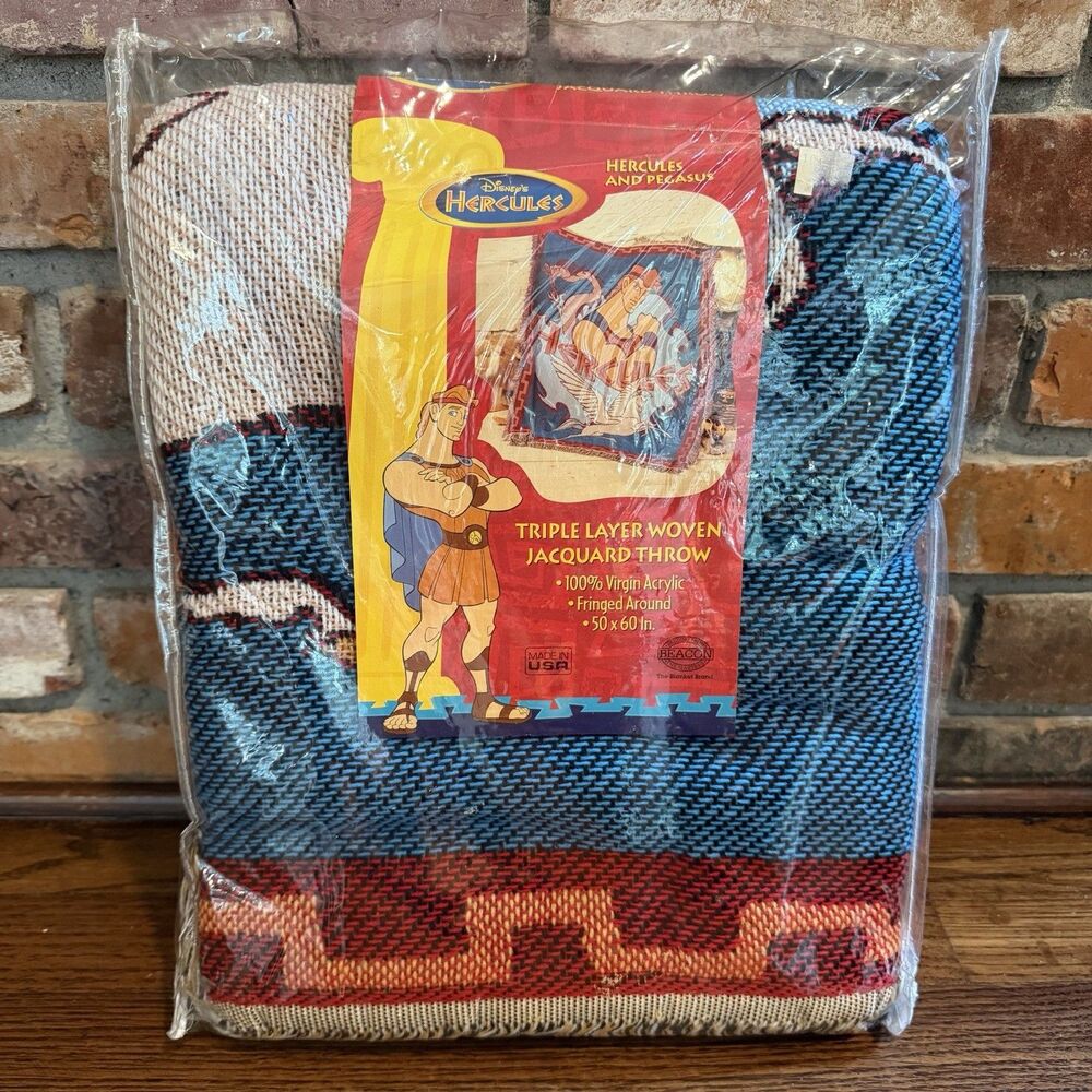 Vintage 90s Disney Hercules Fringe Jacquard Woven Throw Blanket 50x60 USA